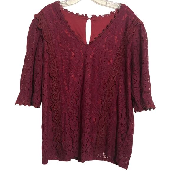 Burgundy Lace V Neck 3/4 Sleeve  Blouse Sz 2x Fairy Whimsi Goth Grandmacore - Picture 1 of 10
